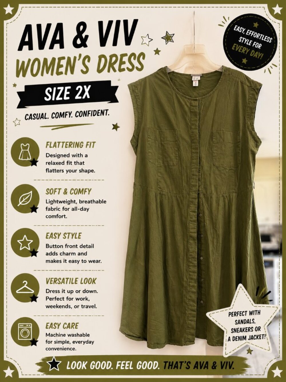 Ava & Viv Olive Green Button Front Dress – Women’s 2X